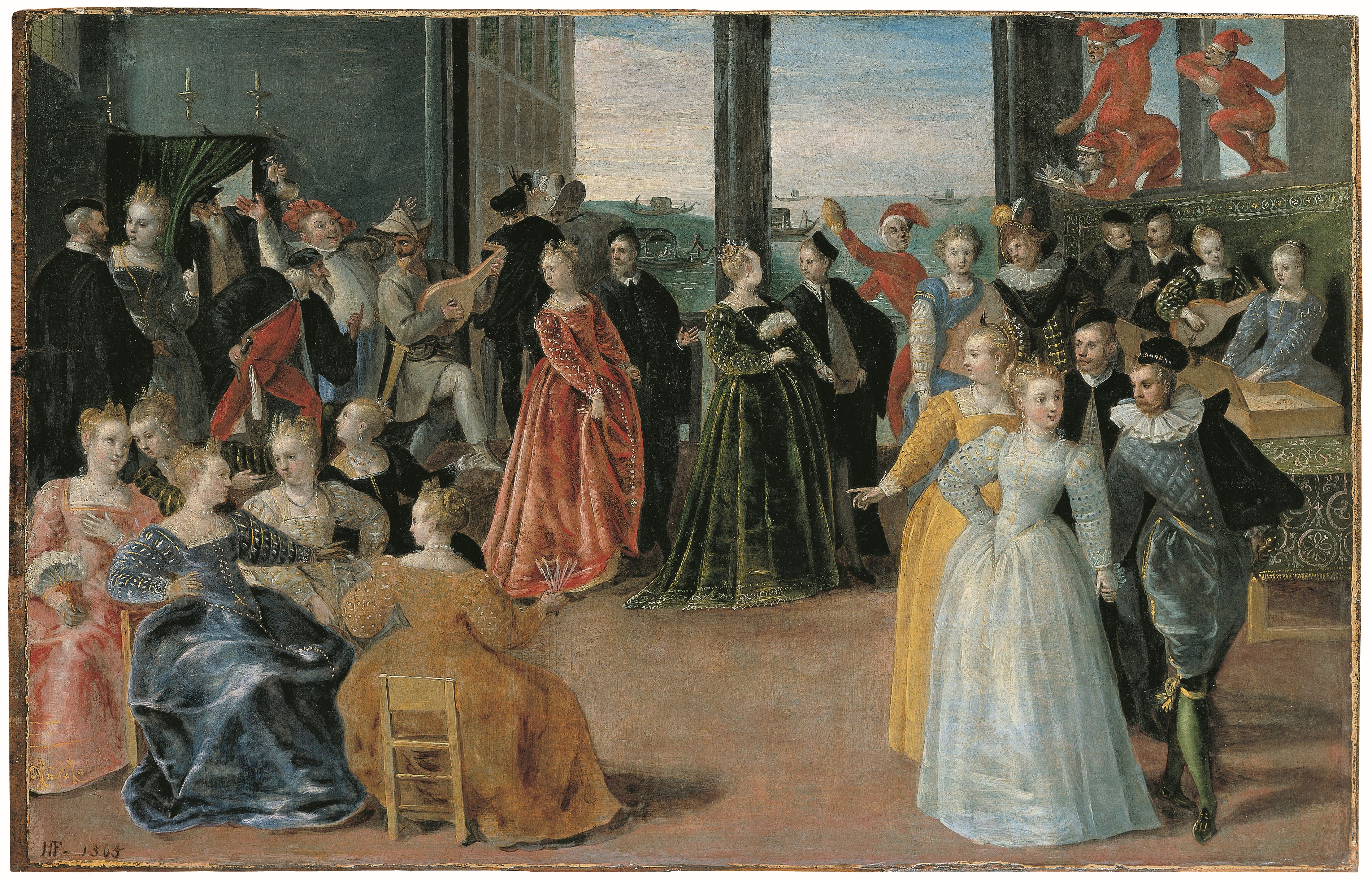 Venezianische Tanzgesellschaft mit Commedia-dell`Arte - Truppe, Hieronymus Francken d.J. zugeschrieben